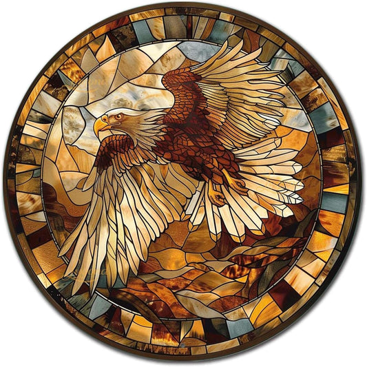 Lygond Metal Sign Tin Sign Circular Stained Glass Eagle Funny Gardening Gift For Restaurant 8×8 Inches