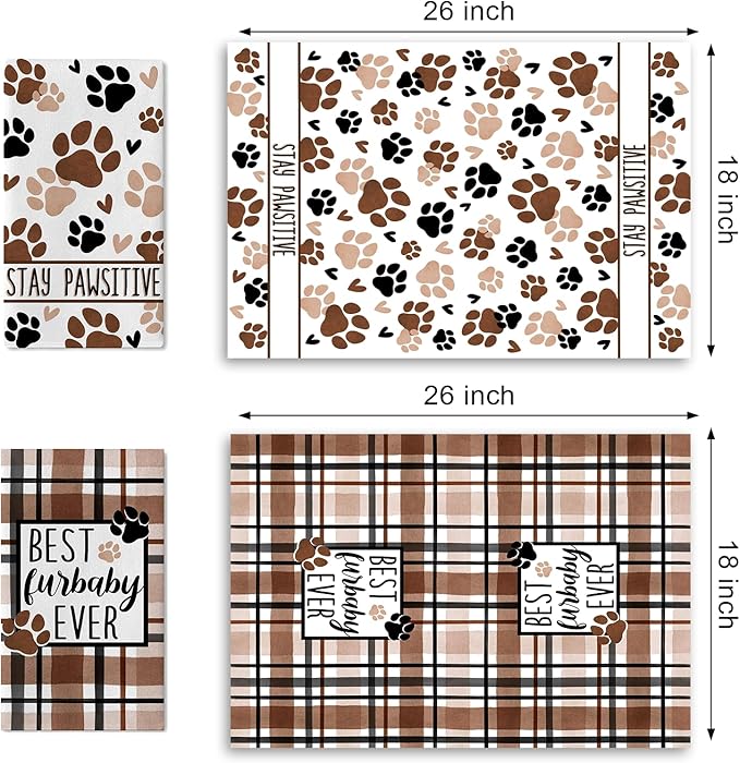 Dog Cat Paw Print Kitchen Dish Towels Set of 2, Best Furbaby Ever Drying Hand Towels Stay Pawsitive Baking Cooking Cloth, Plaid Farmhouse Home Kitchen Decoration Pet Lover Gifts 18 x 26 Inch