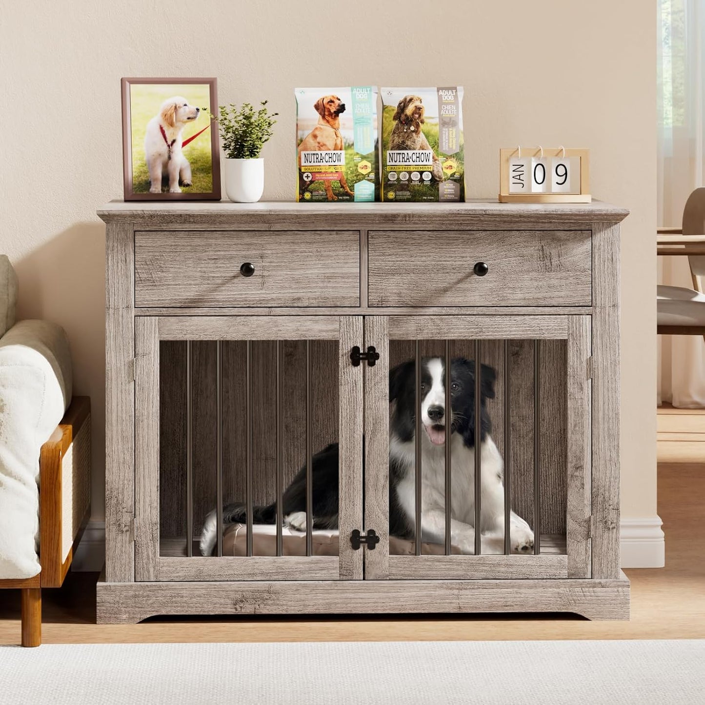 PUKAMI 44inch Dog Crate Furniture with Drawers,Wooden Dog Kennel Furniture for Large Breed,End Table Wood Dog House for Indoor use (Grey)