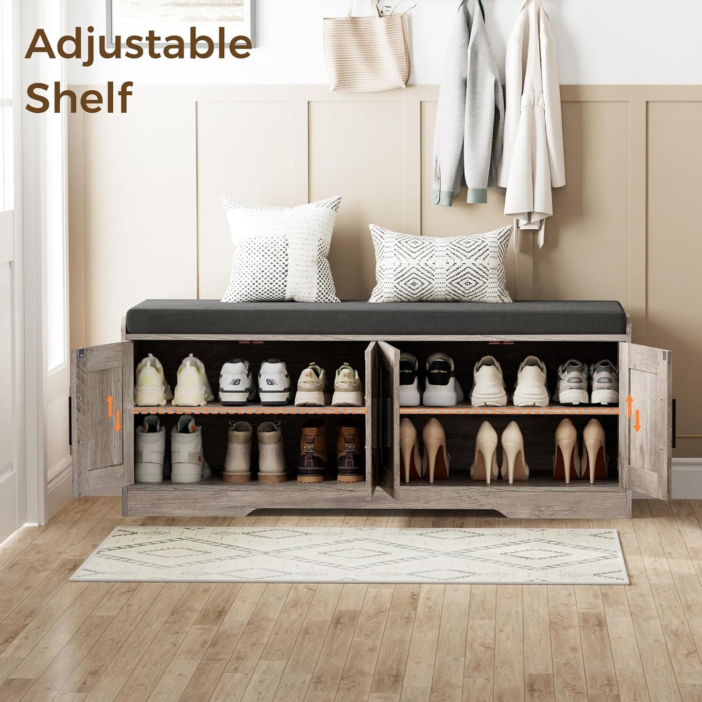 2-Tier Storage Bench, Shoe Bench with Thickened Padded Seat Cushion, Entryway Bench with 4 Doors, Adjustable Shelf, 13.8" D x 45.3" W x 18.5" H, for Entryway, Living Room, Bedroom, Greige