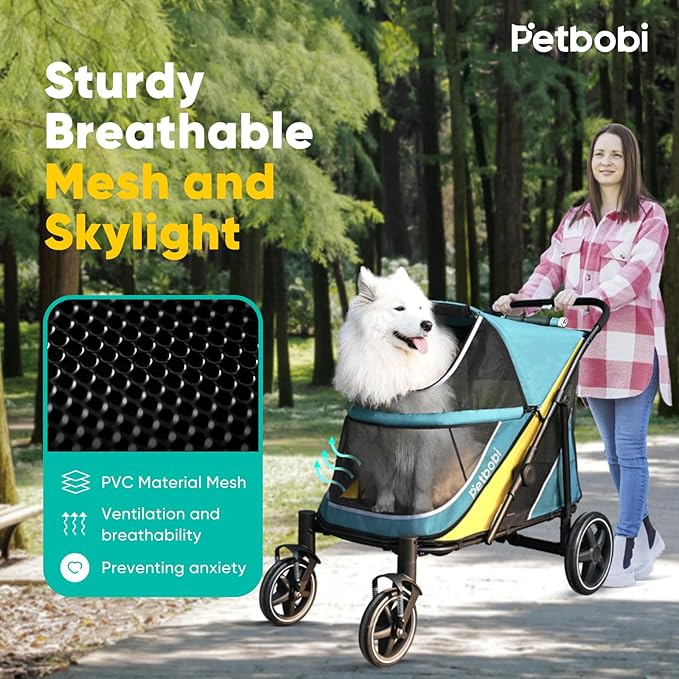 Petbobi Dog Stroller for Medium Dogs - Easy Fold Dual Entry Pet Stroller with One-Foot Brake, All Terrain Wagon Cart with Large Air Mesh, Ideal for Large Senior Pets up to 80 lbs, Green