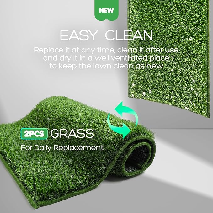 Dog Grass Pad with Tray, 31×21in Medium Litter Box, 2×Grass Pad for Dogs Potty Washable, Thick Soft Odor-Free Hemmed Dog Pee Grass, Indoor Potty Training Balcony