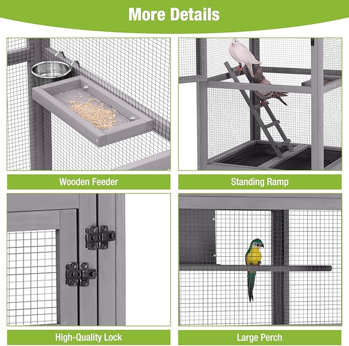 GUTINNEEN Large Bird Cage Outdoor Wooden Aviary Indoor on Wheels, with Play Stand, Perches, Nest Habitat & Wire Mesh Tray for Easy Cleaning