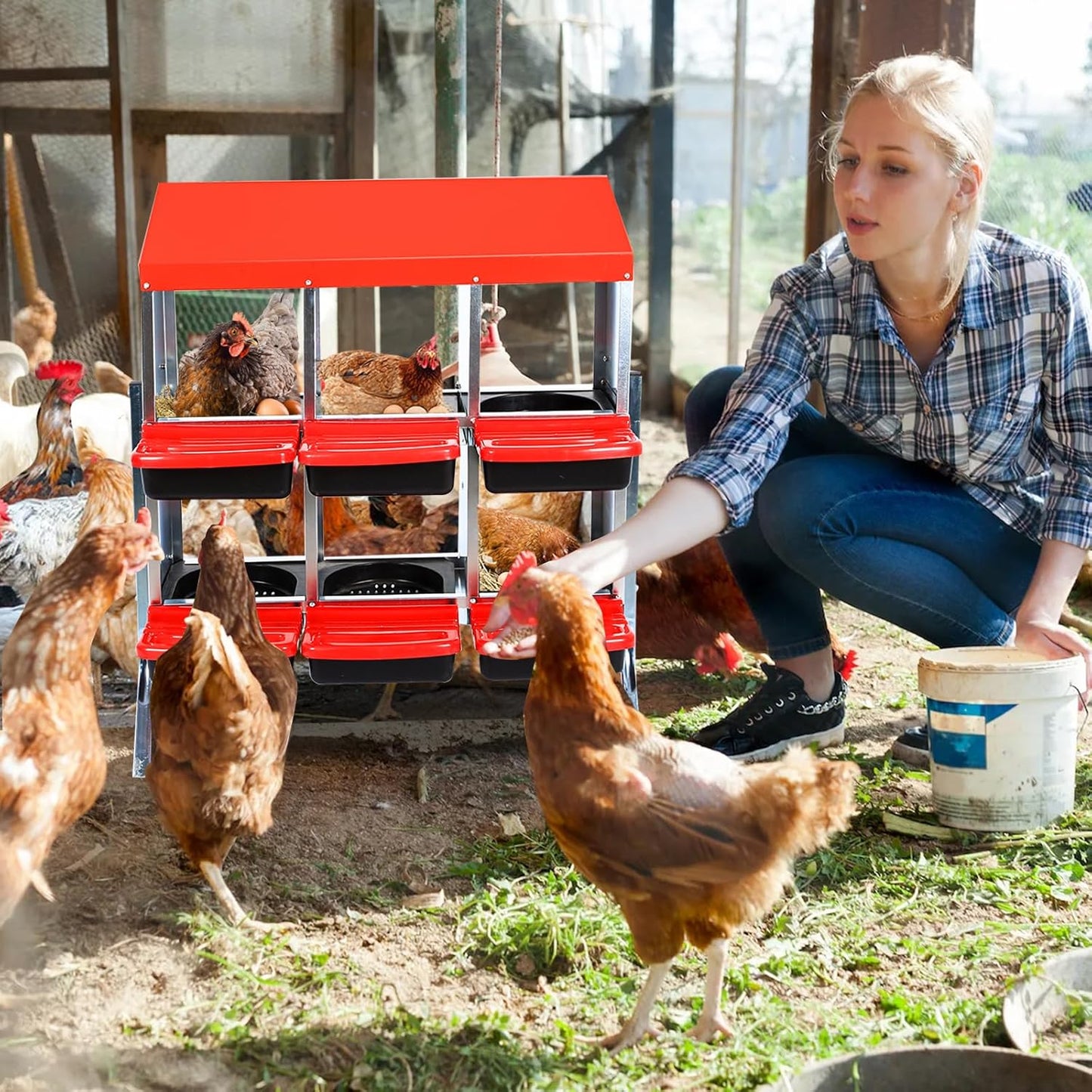 Nesting Boxes for Chickens, Chickens Laying Boxes for Chicken Coop with Legs, 6 Compartments Chicken Nesting Boxes, with Removable Tray, Easy Cleaning, for Hens Outdoor Chicken Coop Farm Yard, Red