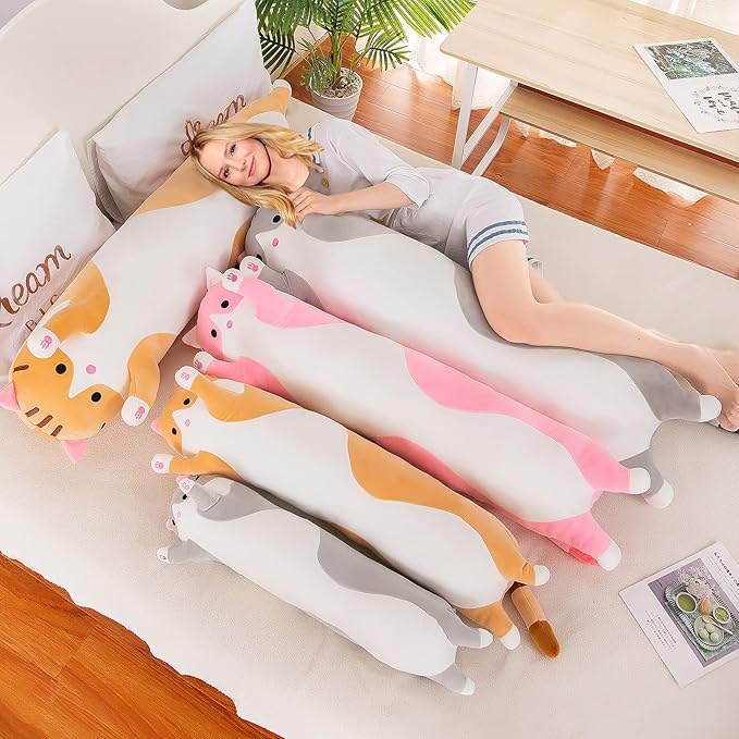 Cute Cat Plush Long Body Pillow, 43 inch Cat Stuffed Animals Plushie Toy Soft Throw Sleeping Cotton Kitten Pillow Gift for Kids Girls (Pink, 43.3")