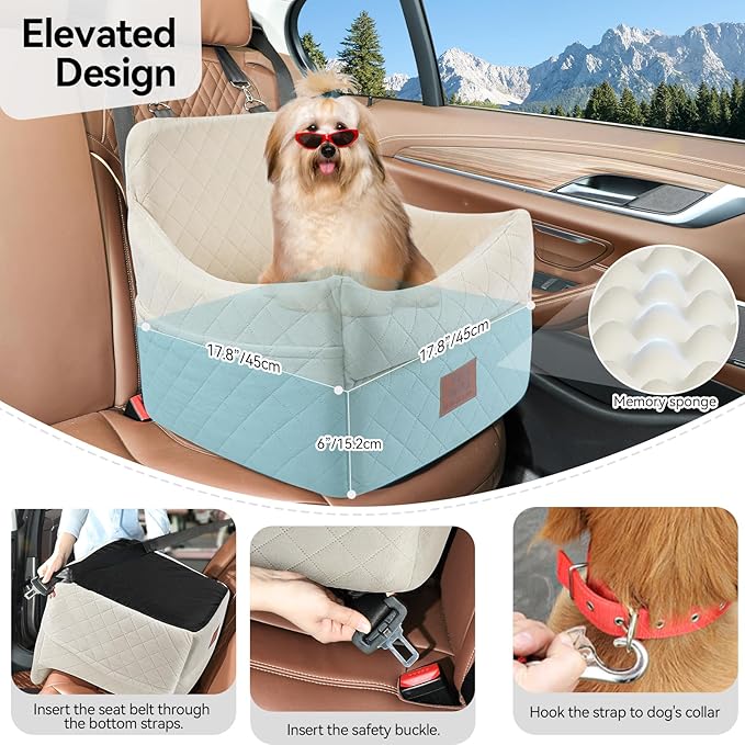 Dog Car Seat for Small/Medium Dogs, Dog Booster Car Seats with Thick Cushion for Dogs Under 35lbs, Detachable Washable Pet Carseat with Storage Pockets, 2 Safety Belts(Beige)