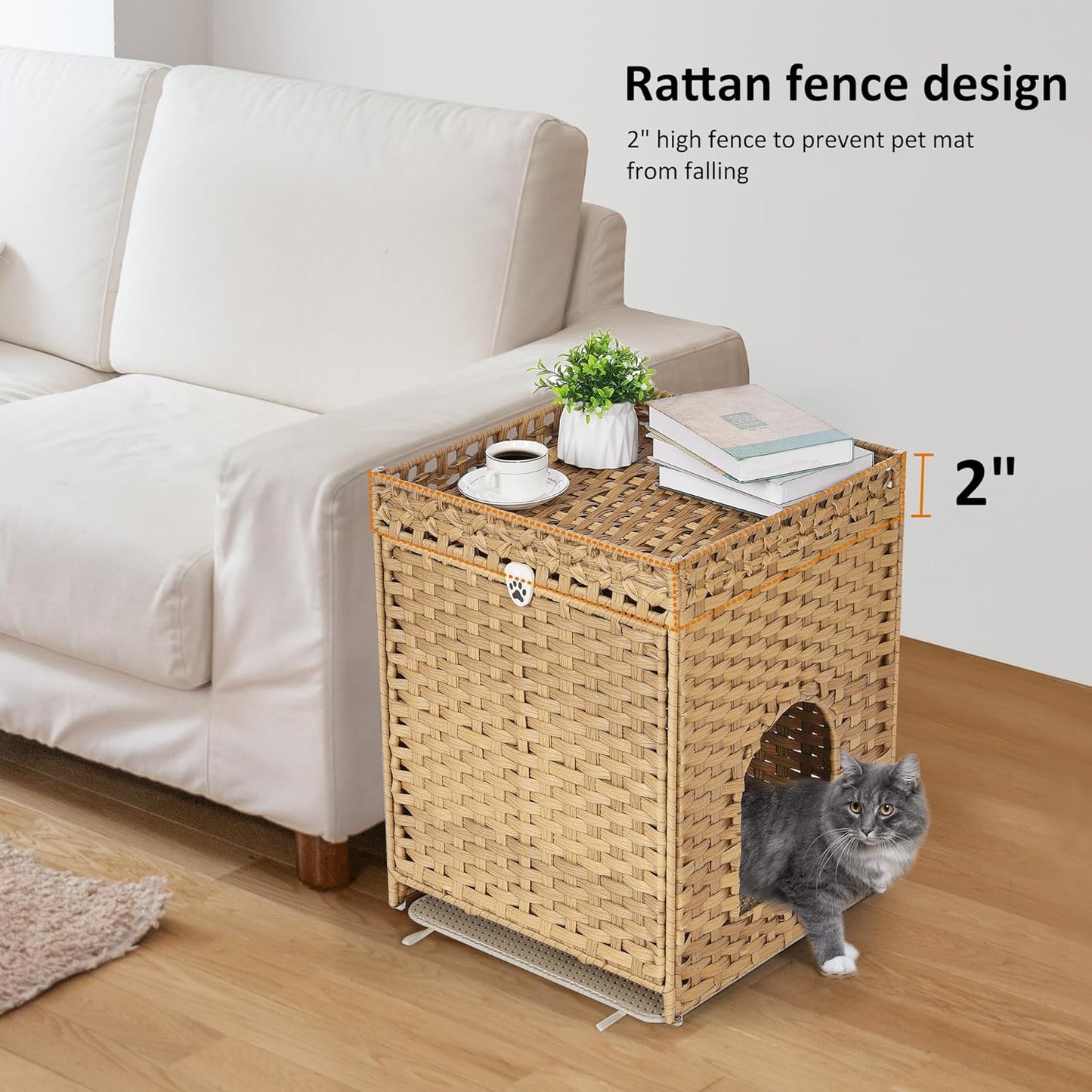 Cat Litter Box Enclosure with Soft Litter Mat; Hidden Cat Washroom Furniture with Door; Handwoven Rattan Cat House; Pet Crate for Living Room, Bedroom, Balcony (Natural)