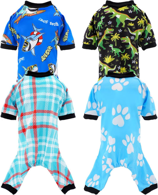 PET SHOW 4 Pack Small Dog Pajamas for Doggies Boy Dinosaur Shark Soft Stretchy PJs Plaid Jumpsuit Puppy Cats Paw Onesies Outfits with Sleeve Pets Breathable Summer Clothes Costume S