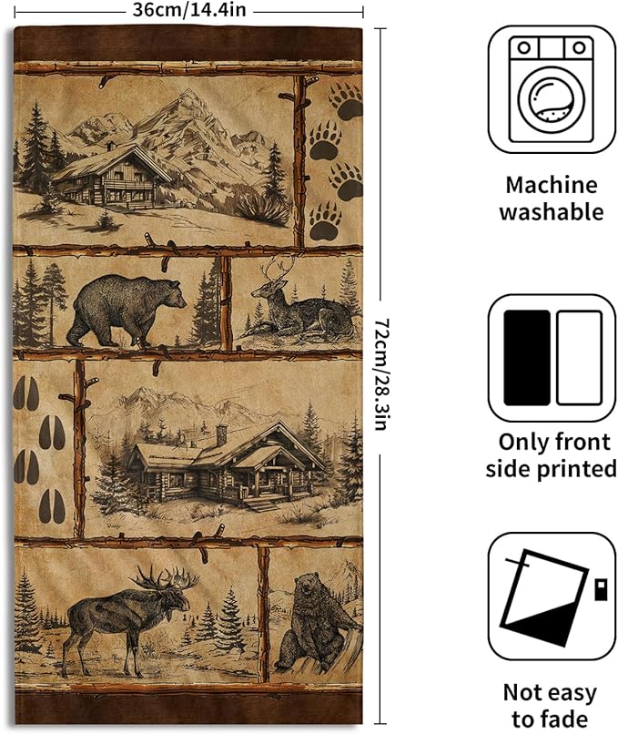 Giwawa Vintage Bear Deer Hand Towels Set of 2 Forest Cabin Face Bath Fingertip Towel Soft Absorbent Dish Wash Cloth Kitchen Bathroom Home Decor