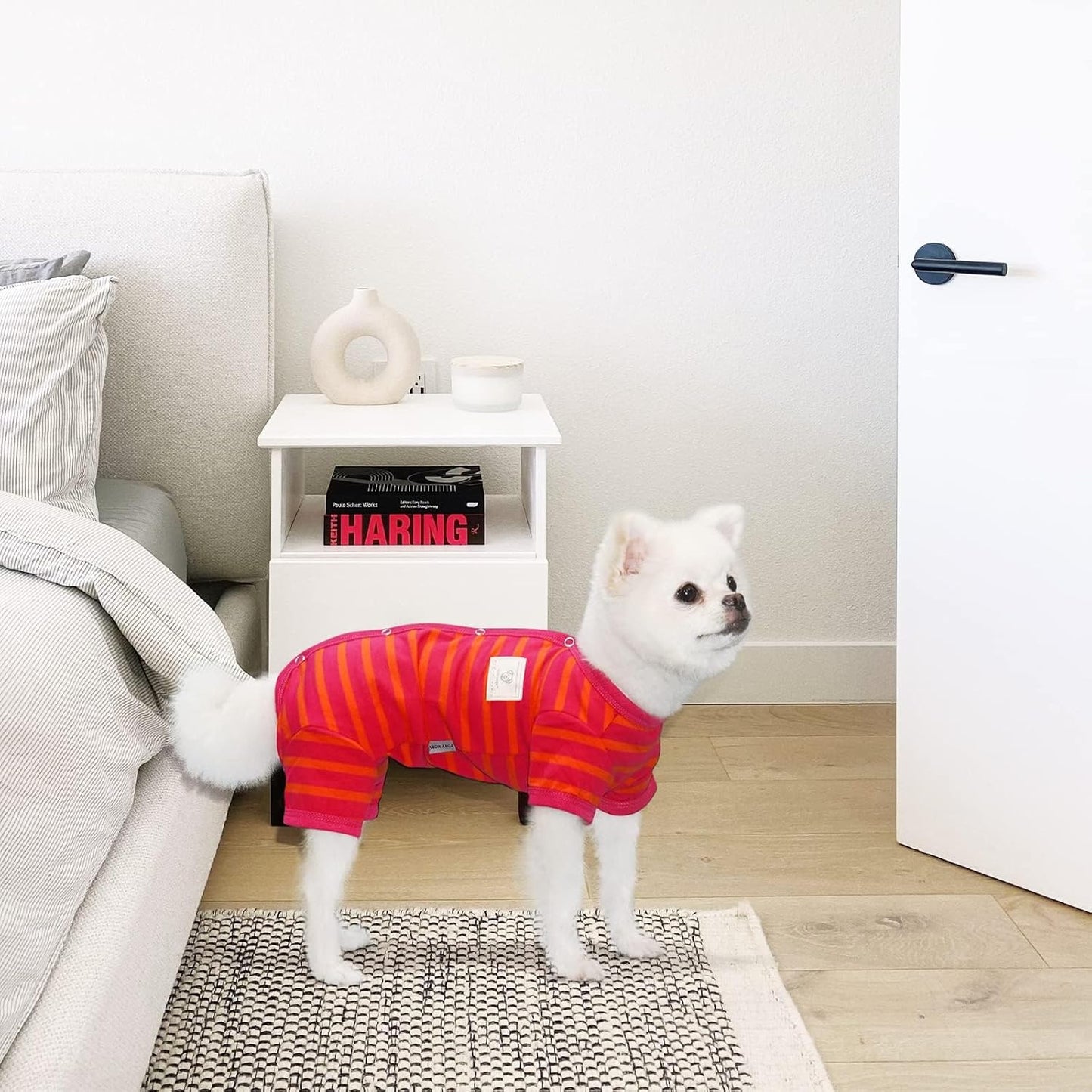 TONY HOBY Dog Pajamas, Female/Male Dog 4 Legged Pajamas, Soft Cotton Dogs Jumpsuit with Stripes (Rose Red&Orange, Girl, S)