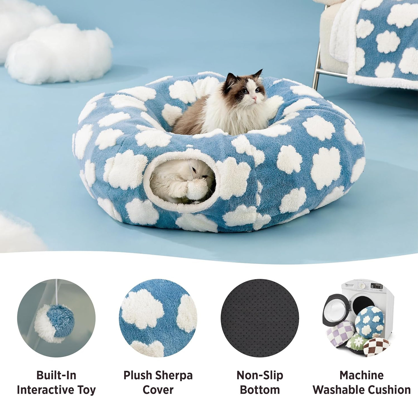Lesure Cat Tunnel Bed for Indoor Cats - Cute Cat Donut Tunnel Toys for Small Large Cats with Washable Circle Cushion, Round Pet Peekaboo Cave Toy for Kitten/Puppy/Rabbit, Standard Blue