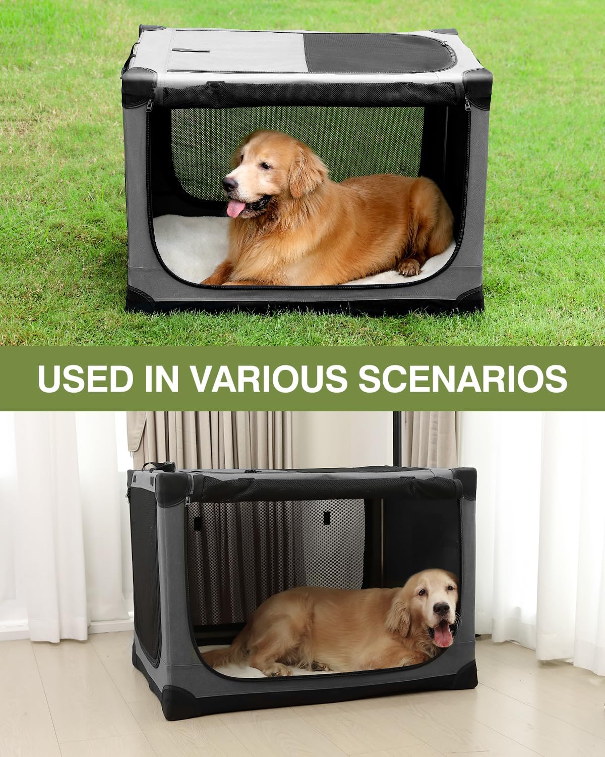 24-Inch Collapsible Travel Dog Crate, Portable 4-Door Soft Kennel for Medium to Large Dogs, Durable Mesh Windows, Indoor/Outdoor Use, Foldable, with Storage Bag (Grey)