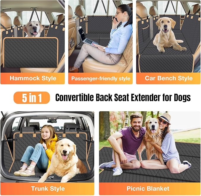 Dog Car Seat Cover for Back Seat, Dog Car Bed Cover with Hard Bottom, Backseat Extender Hammock for Mid-Sized Truck/SUV 8 Panels - Black