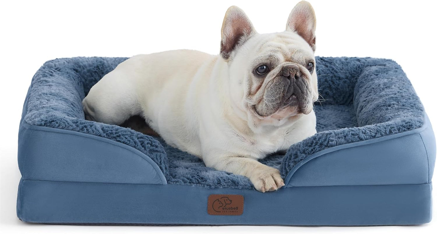 Bedsure Orthopedic Dog Bed Medium Size Dogs - Washable Medium Dog Cat Bed Waterproof, Comfort Pet Couch Sofa with Washable Removable Cover, Pets Bed with Nonskid Bottom, Plush-Blue, 28"