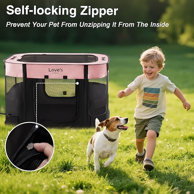 Love's cabin Pet Puppy Dog Playpen, Large Dog Tent Crates Cage Indoor/Outdoor, Portable Exercise Playpen for Cat, Foldable Pop Up Dog Kennel Playpen with Carring Case (L, Pink)