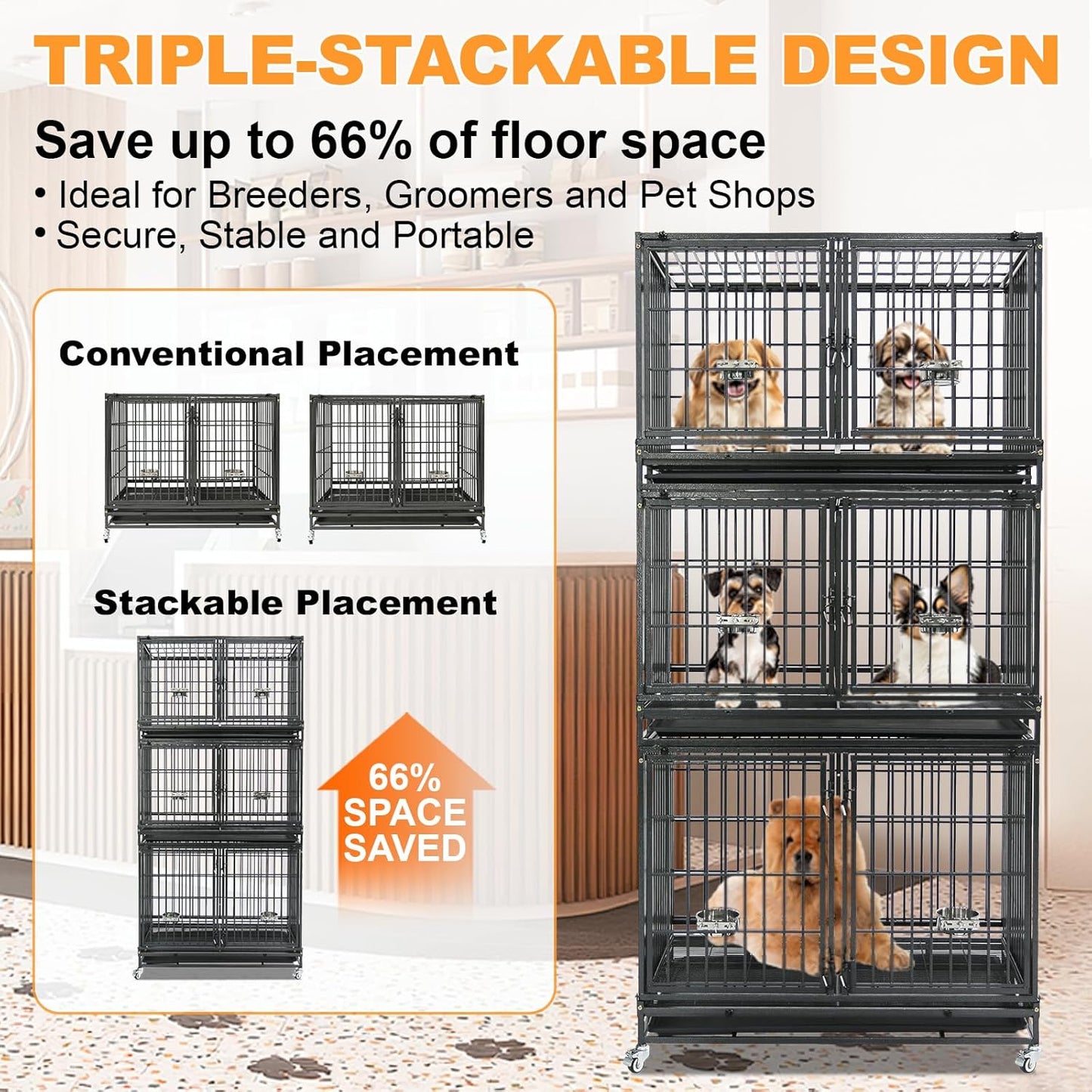 Homey Pet 43 Inch Stackable Heavy Duty Dog Crate Cage Kennel with Lockable Wheels, Removable Tray & Grid, Divider, Feeding Bowls, Escape Proof Drop Cage Bank for Small Medium Large Sized Dogs(3 Tiers)
