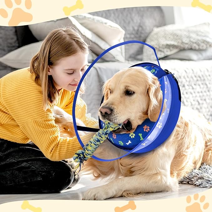 Dog Cone Collar with Enhanced Anti-Licking, Inflatable Dog Cone After Surgery, Adjustable Size with Soft Padding for Small Medium Large Dogs - Blue/M+