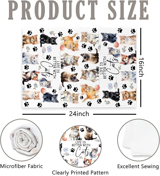 Watercolor Cat Gifts Kitchen Towels, Cat Gifts for Women, Cat Gifts for Cat Lovers, Best Cat Mom Gift, Life is Better with Cats Kitty Decoration Tea Towels Kitchen Hand Towels 16x24 Inch