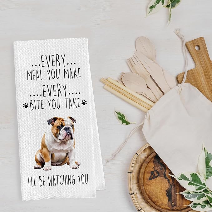 English Bulldog Dish Towels Set - Funny English Bulldog Gifts Decorative Waffle Weave Kitchen Towels, Hand Tea Towel, (16×24 Inches, Set of 2)
