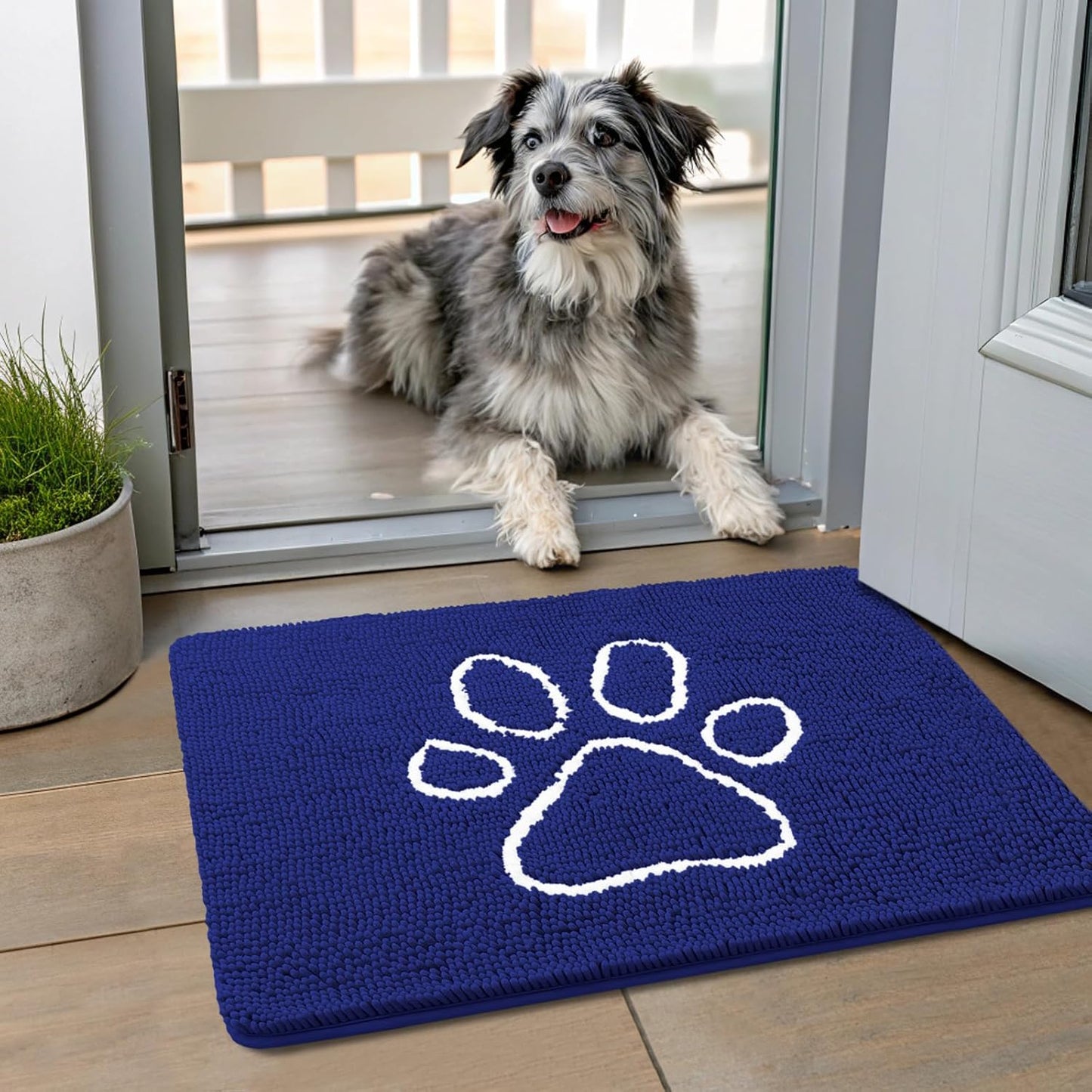 Smiry Dog Door Mat for Muddy Paws, Absorbent Dirt Trapper Non Slip Quick Dry Washable Chenille Mat for Mud Dogs, Entry Rug for Indoor and Outdoor (24x16 Inches, Navy Blue)
