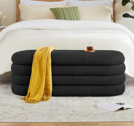 Storage Ottoman Bench 49.2 Inch Upholstered Fabric Storage Bench for Bedroom End of Bed Aesthetic Large Oval Ottoman for Living Room Entryway (Black)