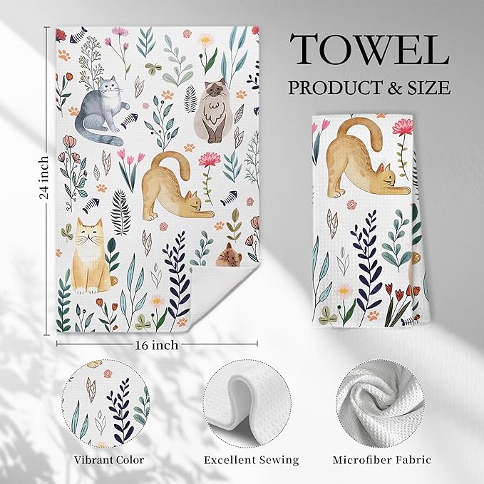 Pastoral Cat Kitchen Towels, Cat Lover Mom Lady Gifts Hand Towels for Bathroom Kitchen Decorative, Rustic Cottagecore Floral Kitty Kitten Dish Tea Towels Drying Cloth, 16x24 Inch