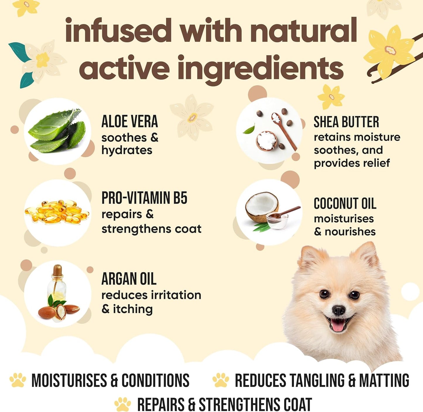 Vanilla & Shea Butter Dog Conditioner (169.07oz) Aloe Vera, Argan Oil & Pro Vitamin B5 to Detangle Matted Coats & Relieve Sensitive & Itchy Skin, Suitable for Puppies from 8 Weeks, Vegan