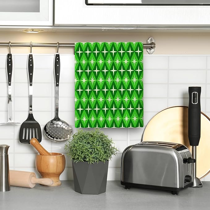 Mid Century Modern Kitchen Towels Decorative Set of 2 Green Hand Towels Tea Towels Soft Absorbent Retro Dish Towels for Kitchen Drying Cooking Baking Bathroom bar Home Decor