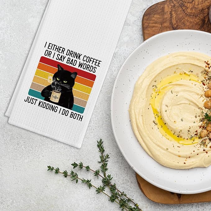 Funny Kitchen Towels for Women, I Either Drink Coffee or I Say Bad Words Dishcloths, Coffee Lovers Gifts, Black Cat Hand Towels with Sarcastic Saying, Kitchen Decor Gifts for Hostess Chef