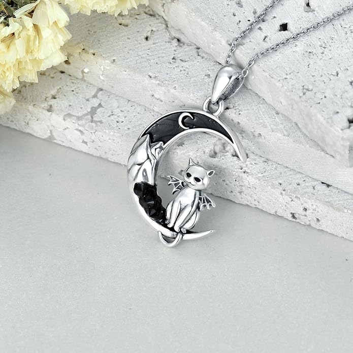 Gothic Jewelry Bat/Cat/Wolf/Dragon/Owl/Fox/Spider/Sun Pendant Sterling Silver Crescent Moon Necklace for Women Girls Black Jewelry Gifts