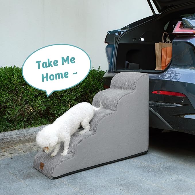 Dog Stairs for Small Dog 22.6" H, Curved Pet Step for Puppy, Older Cat, Medium Pet Ramp for High Bed, Ladder with High Density Foam, Durable, 5 Step, 15.7x33x22.6 inch, Grey