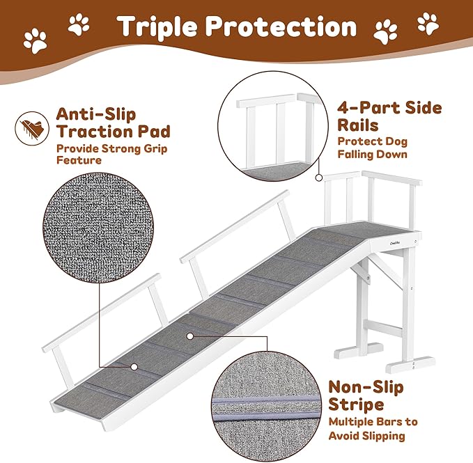 Onelike Wooden Dog Ramp for Bed with Removable Side Rail and Non-Slip Carpet, Stable Pet Ramp Stair for Couch Sofa for Small & Large & Senior Dogs, 74" Long Ramp White