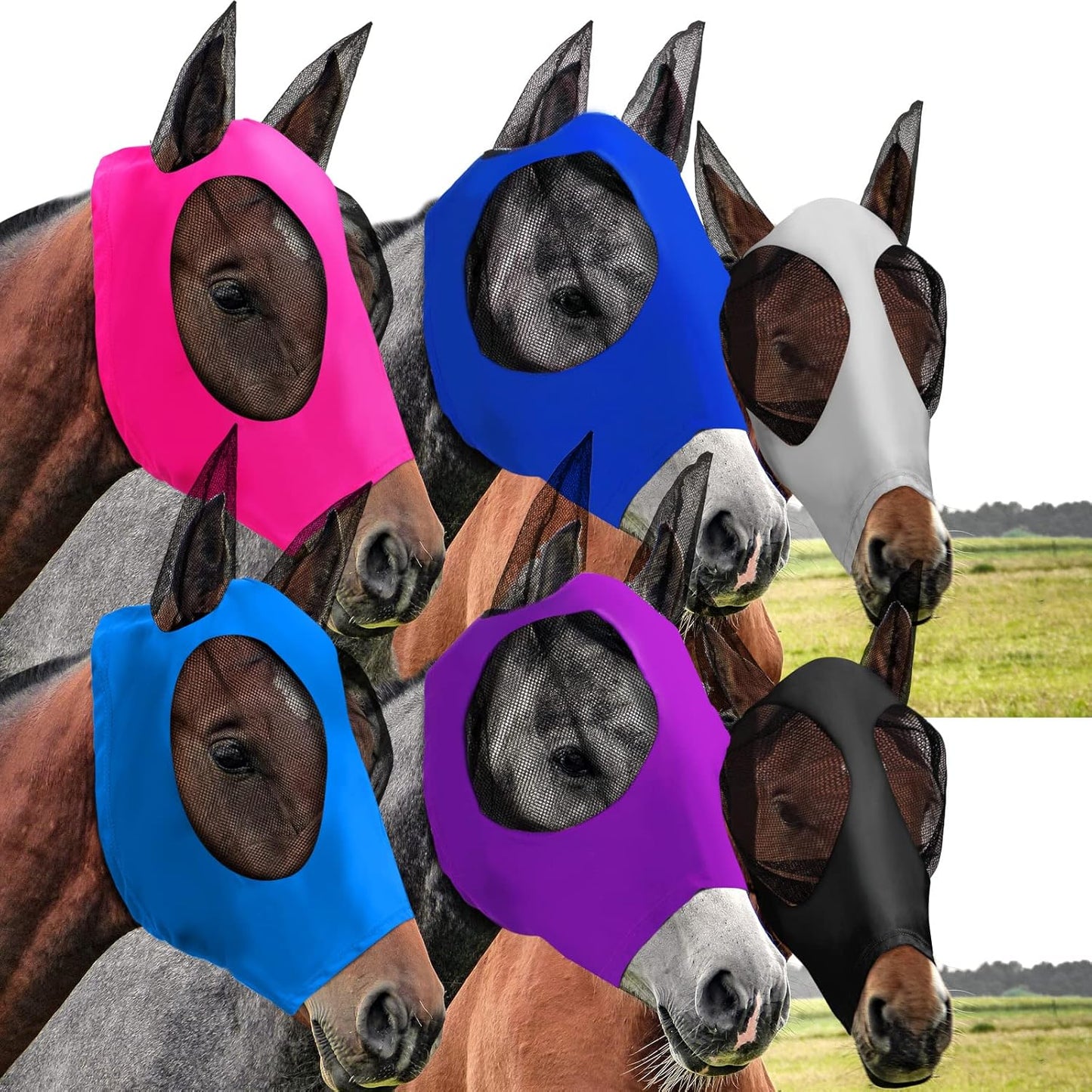 Sadnyy 6 Pcs Horse Fly Masks with Ears Comfort Breathable Mesh Fly Masks Net UV Protection Large Eye Space Full Face Covering Elasticity Soft for Horses(Medium)