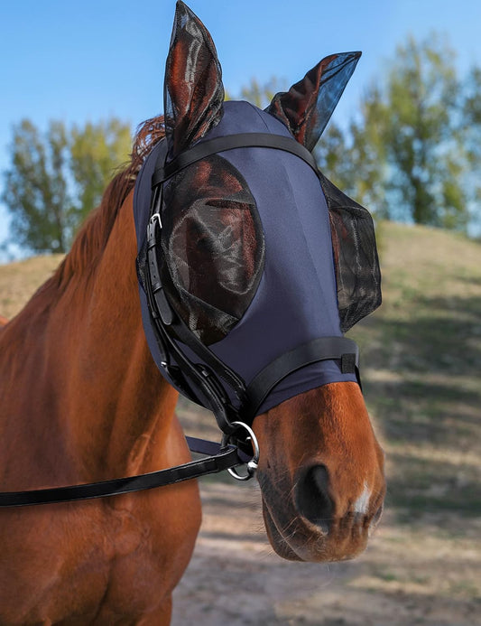 Horse Fly Mask with Ears, UV Protection Mask for Horses, Elasticity Mask with Big Mesh Eye Covers, Snug Fitting Comfortable Breathable Lightweight Navy Full Size