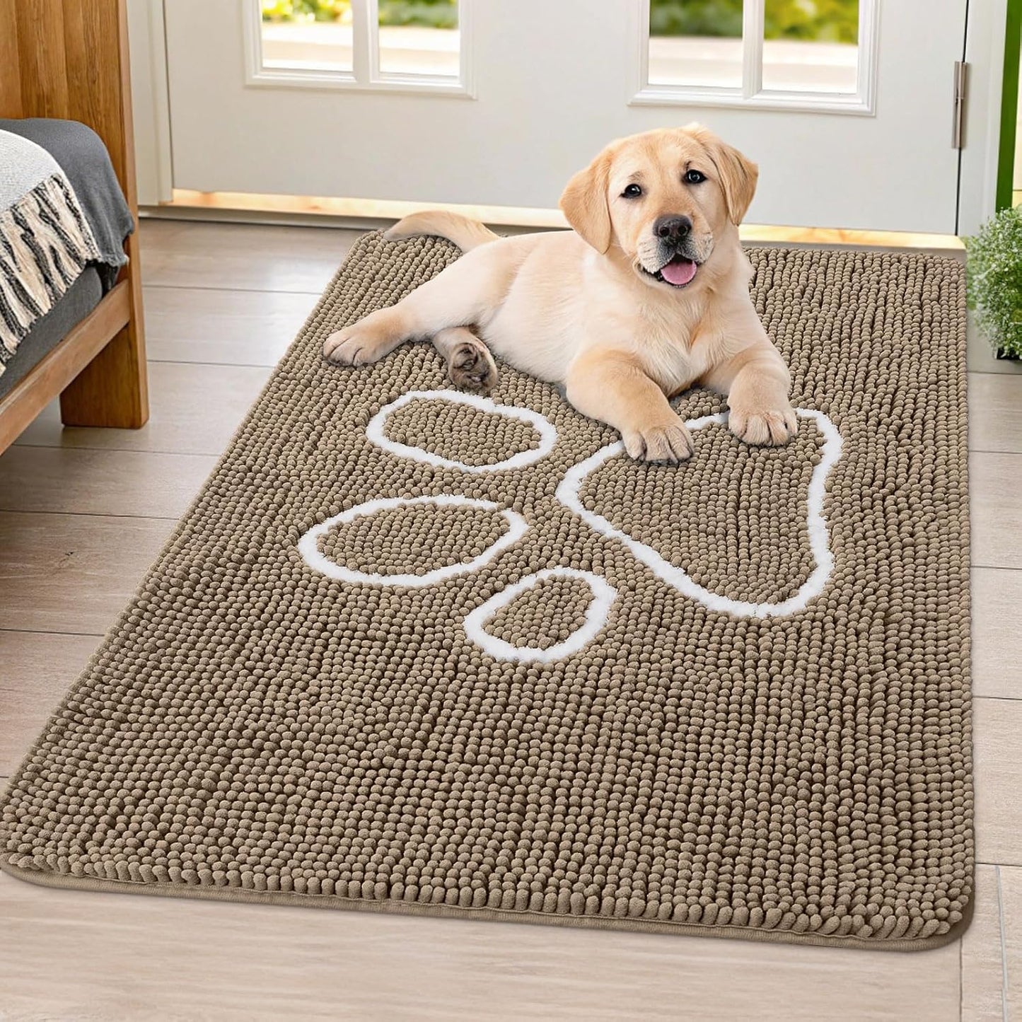 Smiry Dog Door Mat for Muddy Paws, Absorbent Dirt Trapper Non Slip Quick Dry Washable Chenille Mat for Mud Dogs, Entry Rug for Indoor and Outdoor (40x32 Inches, Camel)