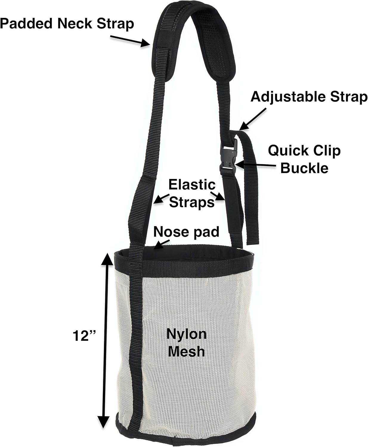 Majestic Ally Horse Feed Bag, Heavy Duty Nylon Mesh Grain Feed Bag, Adjustable Strap with Durable Snap and Elastic Straps, Comfort Neck Pad and Nose Pad- Large (Draft, Beige)
