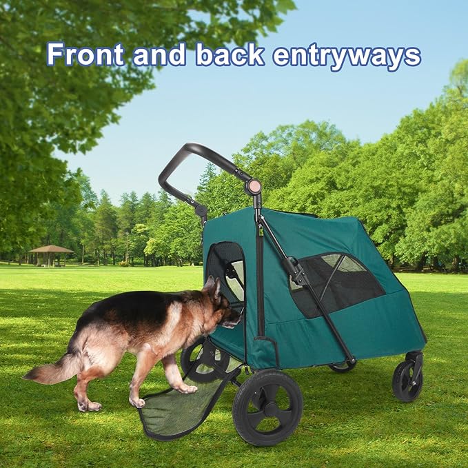 Large Dog Travel Stroller with 4 Heavy Duty Wheels Pet Stroller with Adjustable Handle - Double Doggie Capacity Jogger Wagon with Back Front Door for Small Medium Large Dogs (Dark Green-C)