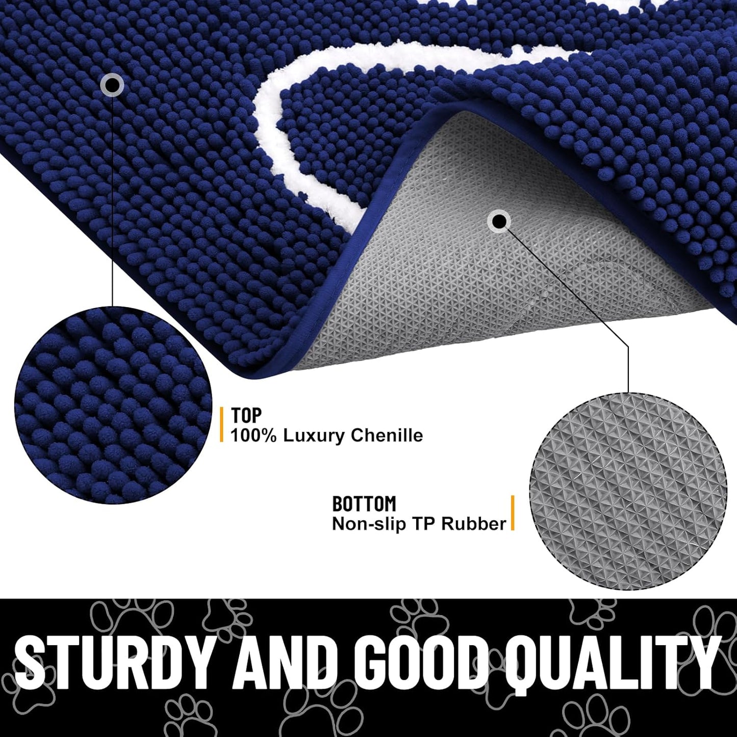 Smiry Dog Door Mat for Muddy Paws, Absorbent Dirt Trapper Non Slip Quick Dry Washable Chenille Mat for Mud Dogs, Entry Rug for Indoor and Outdoor (40x32 Inches, Navy Blue)