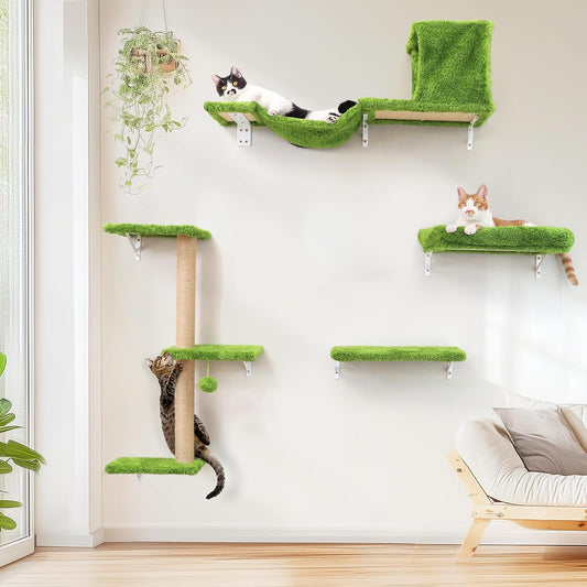 FUKUMARU Cat Wall Shelves, Stable & Safe 4 in 1 Cat Furniture Set, Wooden Climbing Wall with Scratching Post, Bridge and Bed, Stylish Jungle Gym for 16 Inch Drywall - Green