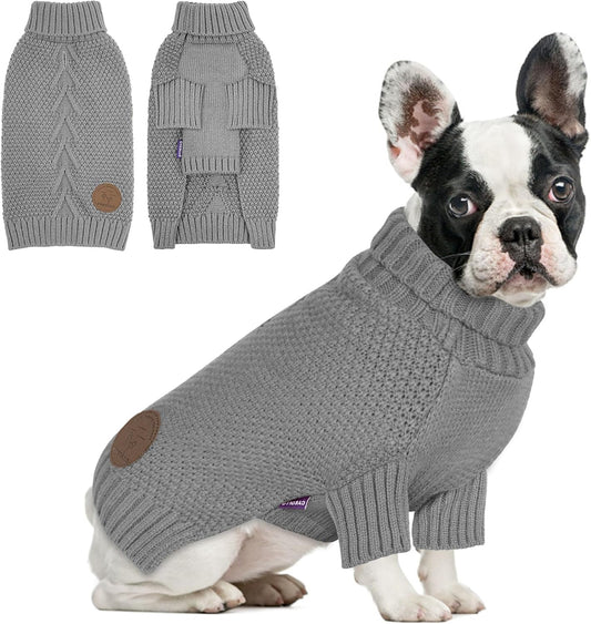 cyeollo Turtleneck Dog Sweater Knitted Cable Sweaters with Leash Hole Winter Pet Clothes Pet Small Dog Sweaters, Grey XL