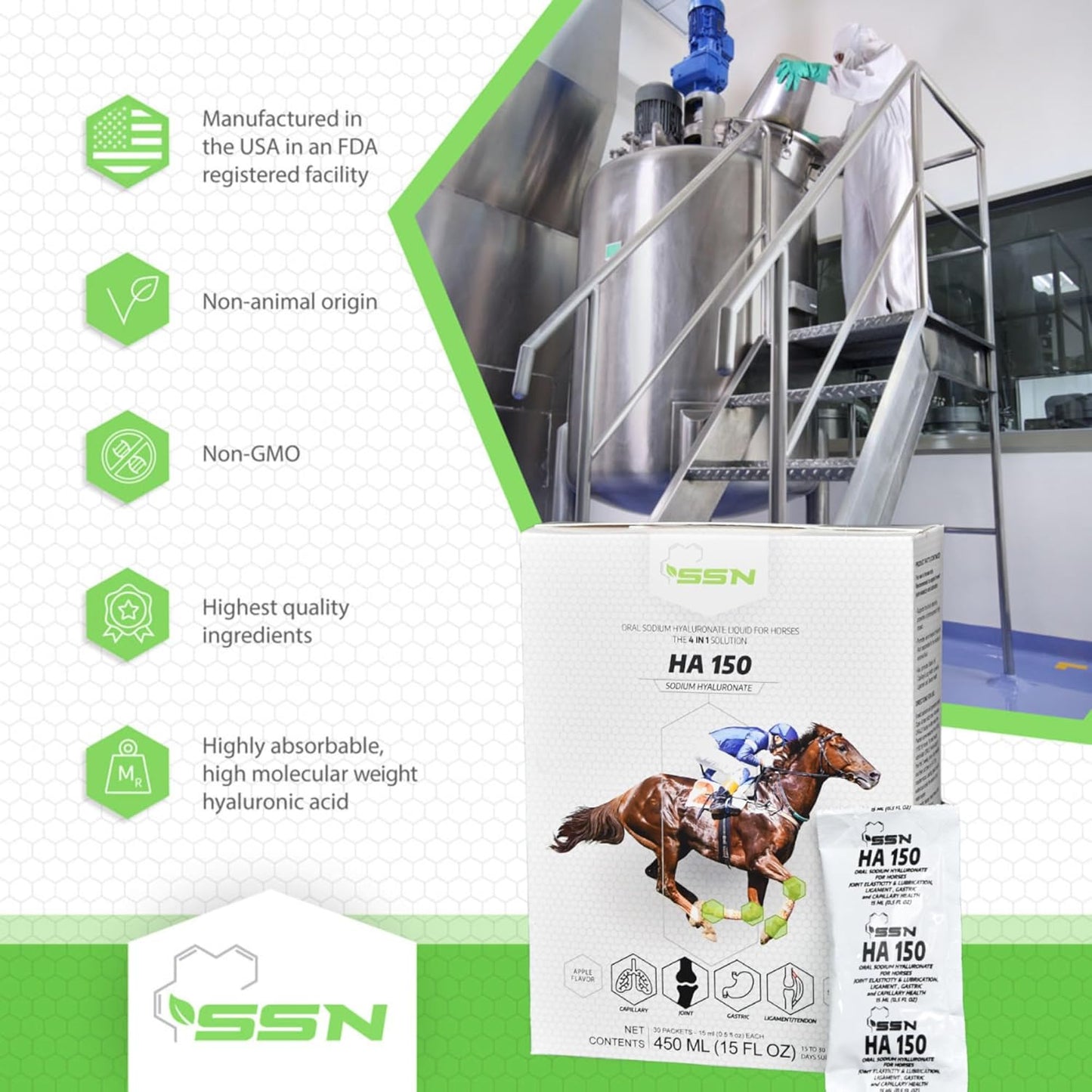 SSN HA 150 - 4 In 1 Horse Supplement - 30 Servings - Equine Joint, Gastric, Ligament/Tendon, Lung Capillary Health - Glucosamine Alternative - (30 Pack, 150mg Sodium Hyaluronate per Serving)