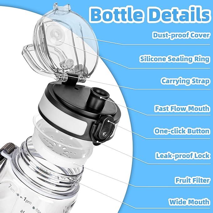 OLDLEY 25 oz Water Bottle, Motivational Water Bottle with Time Marker, Sports Water Bottle With Strap, Leakproof & BPA Free Large Water Bottles for School, Gym, Travel, Outdoor, Tritan,Transparent
