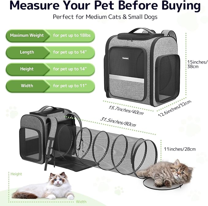 Pawtners Cat Carrier Backpacks Expandable Cat Backpack with Breathable Mesh, Pet Carrier Backpack for Cats Small Dogs Puppies Up to 18 Lbs, Dog Carrier Backpack for Travel Hiking Camping Outdoor
