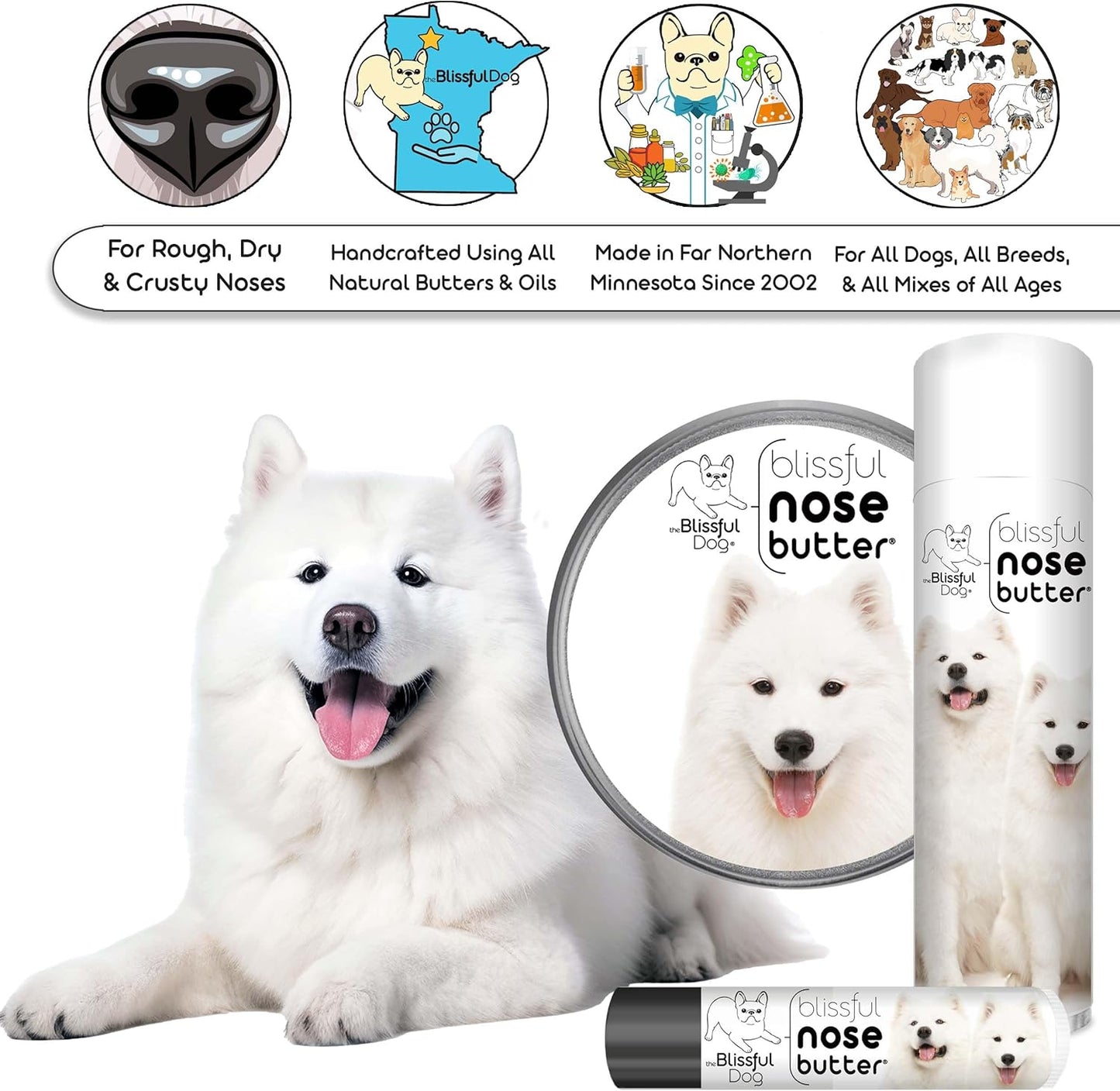 The Blissful Dog Samoyed Nose Butter for Dry, Cracked Skin, Lick-Safe Dog Nose Balm with Moisturizing Shea Butter, Almond, Olive, and Essential Oils, Pet Supplies, Uncented, 2 oz.