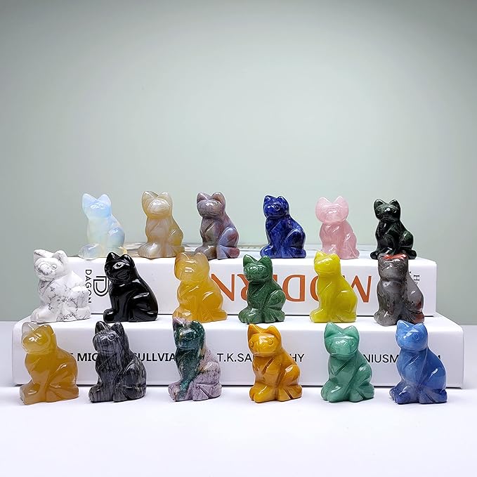 Gemstone Cat Figurine Mix 6PCS, Crystal Sitting Kitten Healing Carved Lucky Animal Carving for Home Decor 1.5''