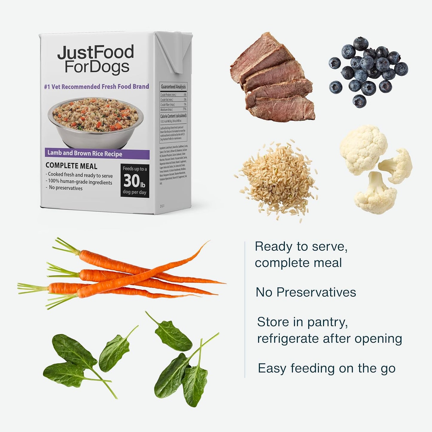 JustFoodForDogs Pantry Fresh Wet Dog Food, Complete Meal or Dog Food Topper, Lamb & Brown Rice Human Grade Dog Food Recipe - 12.5 oz (Pack of 6)