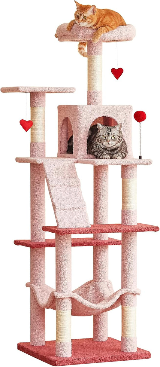 MWPO Cute Cat Tree, 63.8-Inch Pink Cat Tower for Indoor Cats, Multi-Level Cat Condo with 5 Scratching Posts, 2 Perches, Hammock, Dangling Toys