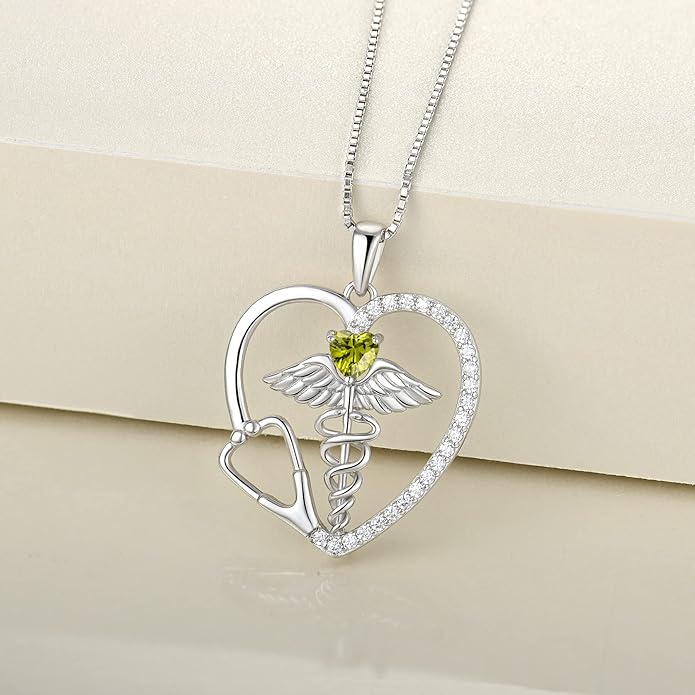 YL Caduceus Heart Necklace for Women Sterling Silver Doctor Nurse Themed Stethoscope Pendant Birthstone Angel Wings Snake Jewelry