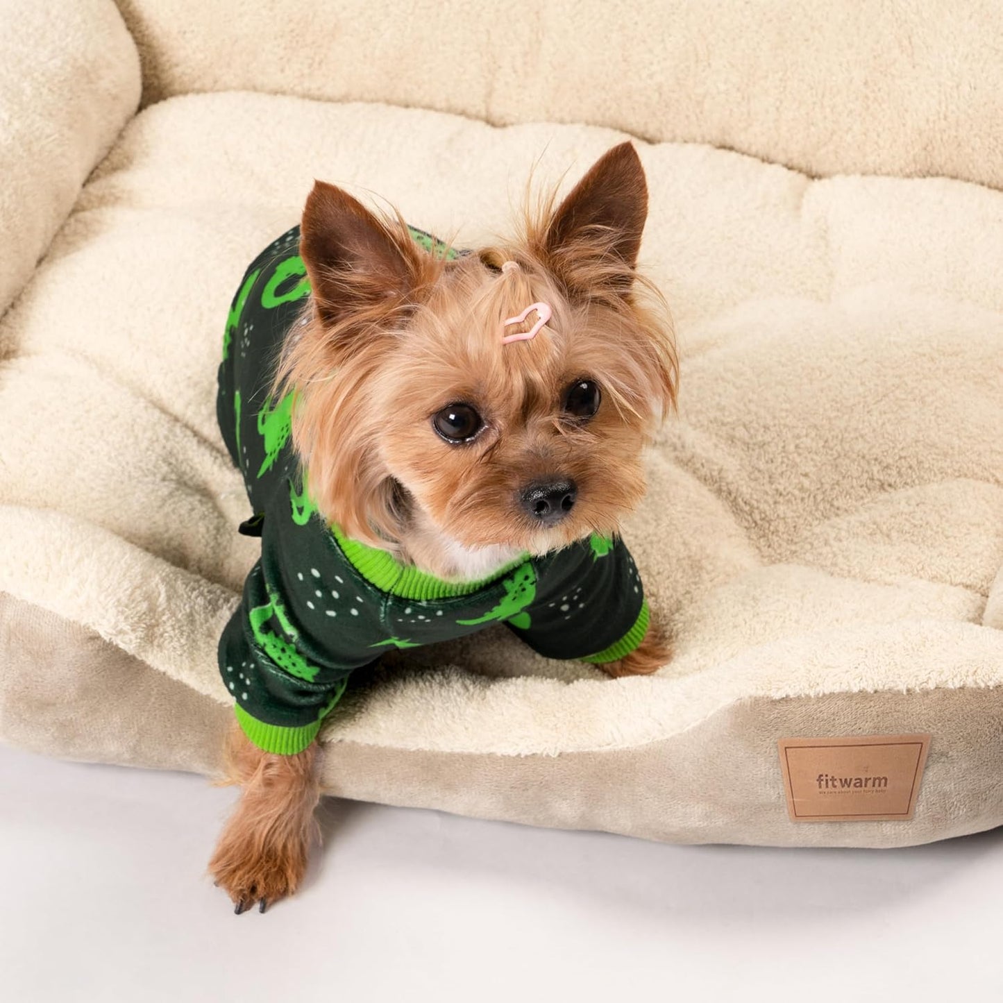 Fitwarm Dinosaur Dog Fleece Pajamas, Warm Clothes for Small Dogs Boy, Cozy Pet Onesie with Feet, Dark Green, Bright Green, XS