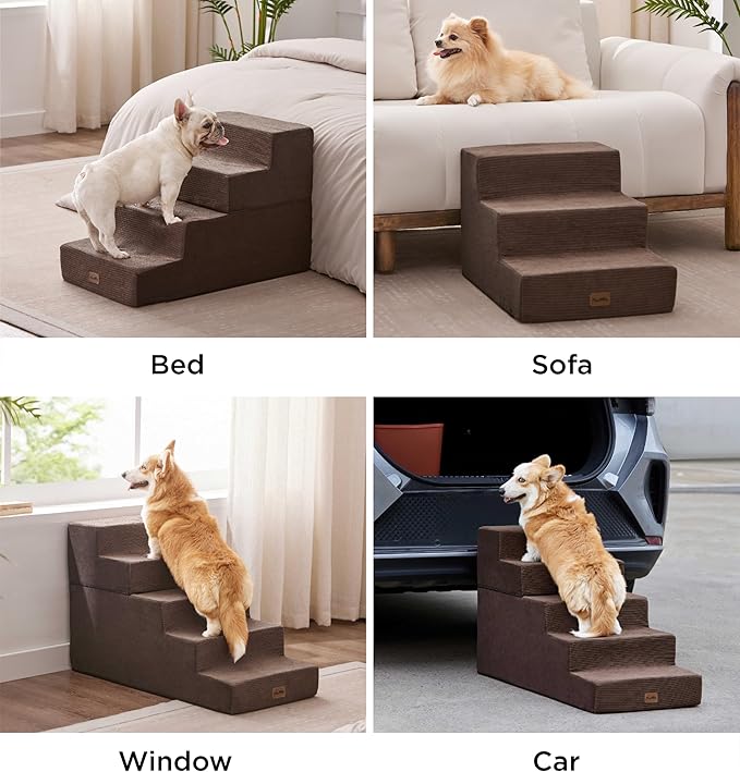 Made4Pets Dog Stairs for High Bed, Extra Wide Pet Stairs for Bed Couch Sofa, 35D Foam Pet Steps for Small Dogs and Cats, Non-Slip Bottom Dog Steps, Brown, 5 Steps